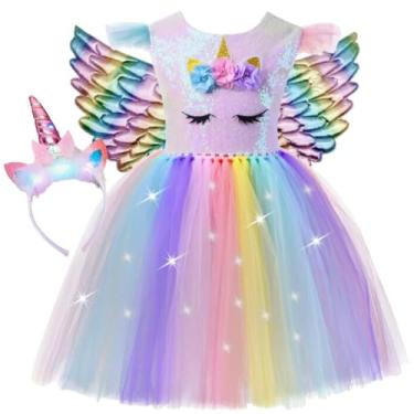 Imagem de Fantasia Unicórnio Infantil, Vestido Tutu Arco-Íris com Asas e Tiara LED, Traje para Festa e Carnaval (P)