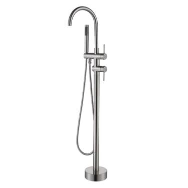 Imagem de Torneira de banheira Freestanding para banheiro, torneira de banheiro, suporte para banheiro, torneiras de latão, alça única com chuveiro de mão, alta taxa de fluxo máx. 6 GPM preto fosco TapLong, Níquel, Brushed Nickel