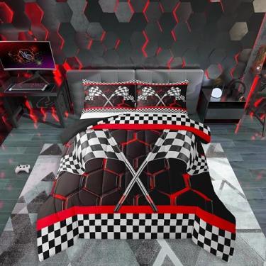 Imagem de Erosebridal Conjunto de edredom casal com bandeira de corrida, preto e branco, luzes neon vermelhas, hexágono, colmeia geométrica, xadrez, quadriculado, edredom