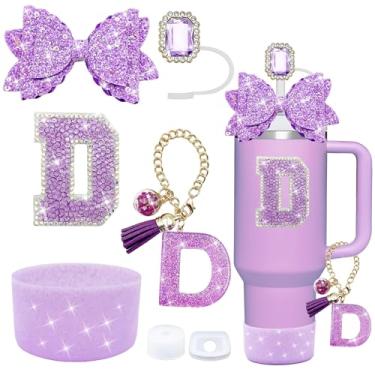Imagem de Conjunto de acessórios de copo Stanley roxo de 7 peças, decorações de iniciais para Stanley Cup 850.5 g 1,134 g, inclui cobertura de canudo de joia, tampa à prova de derramamento, pingente de alça