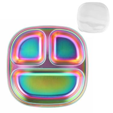 Imagem de Pratos divididos de aço inoxidável com tampas, pratos de jantar inquebráveis revestidos de arco-íris, bandeja quadrada de metal para acampamento, pratos de comida atraentes com divisórias