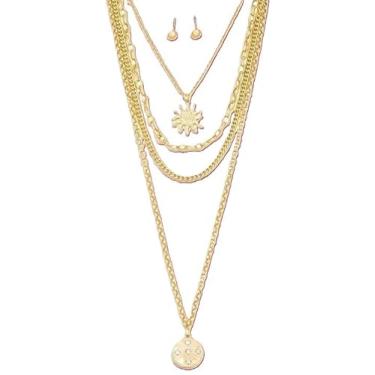 Imagem de Sky and Oak Style Co. Conjunto de colar com pingente de sol e disco em camadas – 3 correntes douradas com berloques Boho Chic Sunburst e strass + brincos de bola