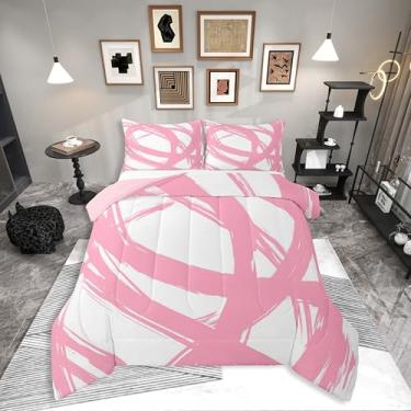 Imagem de Jogo de cama listrado rosa e branco, para adultos, jovens, adolescentes, contemporâneo, boêmio, arte moderna, colcha com linhas de graffiti, enchimento de edredom geométrico estético para minimalistas