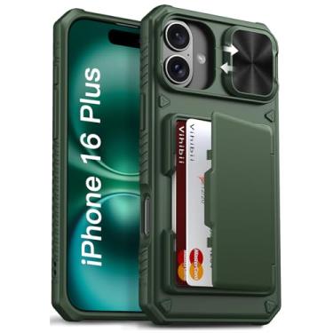 Imagem de Vihibii Capa para iPhone 16 Plus com suporte para cartão (4 cartões) [bloqueio RFID] e capa de câmera deslizante, proteção contra quedas de grau militar, capa de telefone carteira rígida robusta e