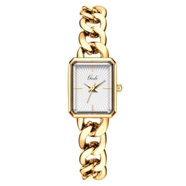 Imagem de CARLIEN Relógio feminino pequeno de luxo com corrente retangular, pulseira de quartzo, relógio de pulso feminino de aço inoxidável, dourado, prata, Dourado, branco, Moda, vintage, luxo