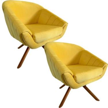 Imagem de Kit Duas Poltrona Giovana Base Giratória Ferro e Madeira em Sued Premi