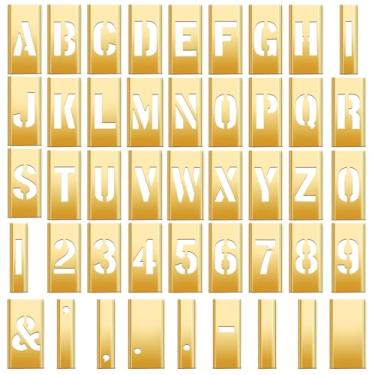 Imagem de Pelopy Conjunto de 45 peças de estênceis de latão, letras e números, 5 cm, kit de pintura de estênceis de metal para ferramentas de etiquetagem, equipamentos, caixas, sinais, faça você mesmo e