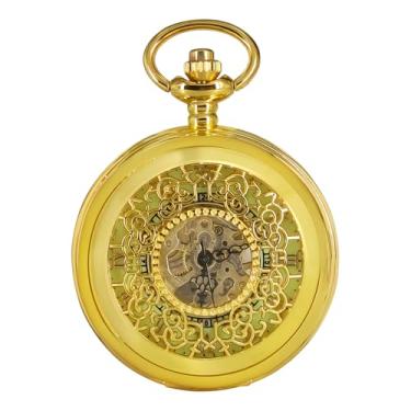 Imagem de BOSHIYA Relógio de bolso mecânico vintage para homens, luminoso, steampunk, com corrente, mostrador esqueleto preto, números romanos, relógio de bolso, presentes para o dia dos pais, US-Golden