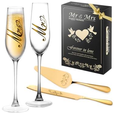 Imagem de Conjunto de taças de champanhe Mr and Mrs, conjunto de facas e servidor de bolo de casamento, presentes de noivado para casais, conjunto de corte de bolo para noiva e noivo, taças de brinde para