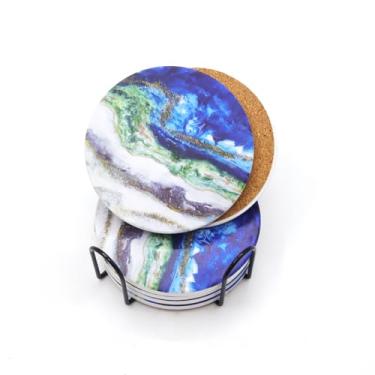 Imagem de Conjunto de 6 peças de porta-copos de cerâmica com padrão de mármore e suporte de metal preto. Perfeito para bebidas, vinho, porta-copos de pedra absorvente de café protegem móveis, adicionando um