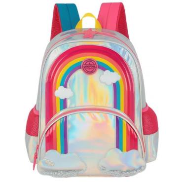 Imagem de Mochila Escolar Menina De Costas Arco-Íris Holográfica Prata - Luxcel