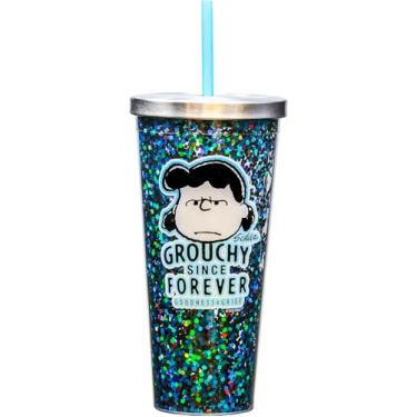 Imagem de Spoontiques Peanuts Grouchy Glitter Cup - Copo de acrílico preenchido com glitter de 590 ml com canudo - Tampa de bloqueio de aço inoxidável - Isolamento de parede dupla e livre de BPA