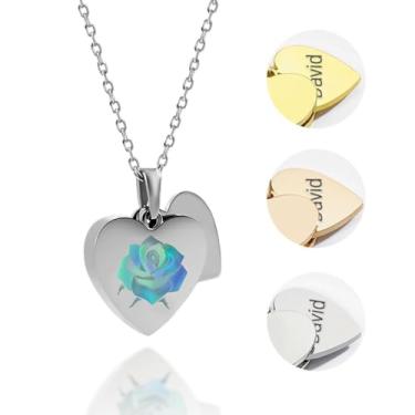 Imagem de Colar de imagem personalizada com texto de foto oculto no interior - pingente de nome de retrato personalizado gravado rosa que muda de cor - presentes de dia das mães para mãe, esposa, dia dos