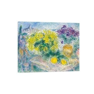 Imagem de LXURY Impressão em tela de arte abstrata de parede - Pintura de arte Chgall - Reproduções de imagens em tela famosas - Buquê de Mimosas - Pôster de decoração de parede 40 x 50 cm 40 x 50 cm Tela