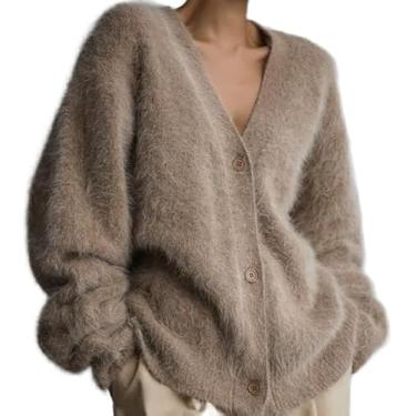 Imagem de Suéter Feminino De Mohair Felpudo Com Botões E Decote Em V Manga Longa De Malha Casual Leve Cardigan, 1, L
