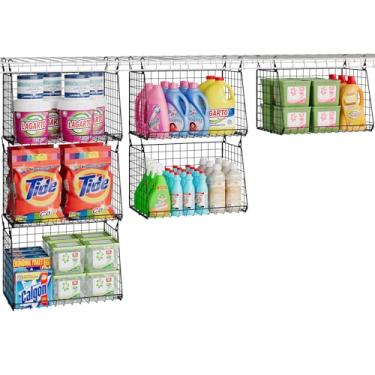 Imagem de Pacote com 3 cestos de lavanderia suspensos, prateleiras dobráveis de arame de metal com ganchos rotativos de 360°, economia de espaço na lavadora/secadora ou armazenamento de armário para lavanderia