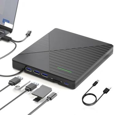 Imagem de Unidade externa de CD DVD com 3 portas USB e 2 compartimentos para cartão TF/SD, leitor de disco óptico portátil USB 3.0 CD/DVD gravador para MacBook Pro Air iMac Laptop PC Windows 11/10/8/7 Linux Mac