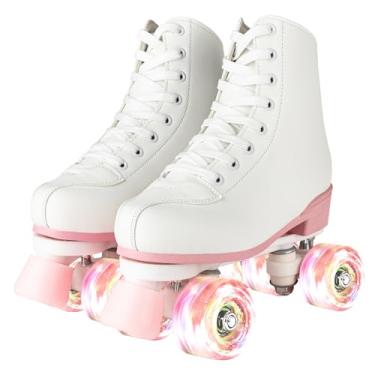 Imagem de Patins para mulheres e homens PU couro de alta qualidade adulto Roller Derby Skate Wheels Light Up Roller Skate Patins de quatro rodas brilhantes para meninas (branco rosa flash, feminino 8/masculino
