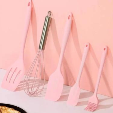 Imagem de Kit Utensílios De Silicone Para Cozinha 5 Peças Espátula Fue Pincel Rosa