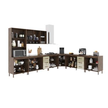 Imagem de Cozinha Modulada Completa Fidelitá Lisboa 7 Peças 600cm 16 Portas 6 Gavetas Com Tampo Noce/off-white