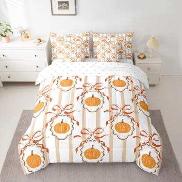 Imagem de Conjunto de cama com estampa de abóbora, 7 peças, estampa de borboleta, listras geométricas, outono, dia de ação de graças, laranja (edredom + lençol de cima + 2 fronhas + 2 fronhas de travesseiro)