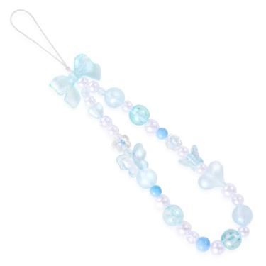 Imagem de FdcLixuvol Pulseira de berloques de telefone com contas, borboleta azul, flor, amor, coração, laço, corrente, berloques, pulseira de cristal, chaveiro fofo para celular, câmera, carteira