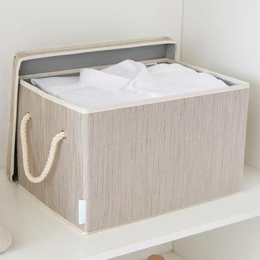 Imagem de JS HOME Pacote com 2 cestas de armazenamento grandes para prateleiras | Organizadores de armário de tecido e caixas de armazenamento com tampas, organização doméstica | Cestas decorativas dobráveis