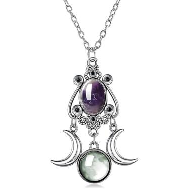 Imagem de Dreuyet Colar gótico de cristal de lua para mulheres, vintage, punk, vermelho, preto, roxo, crescente, gótico, tripla, lua, deusa, amuleto, pingente de amuleto, bijuteria de Halloween, Middle, Cristal