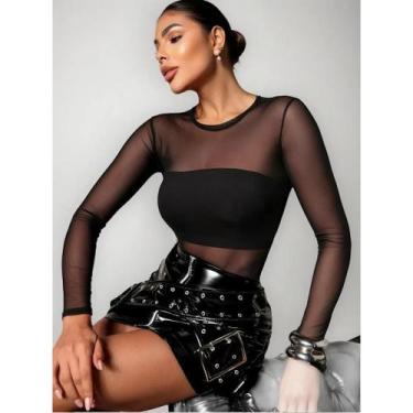 Imagem de Body De Tule Transparente Feminino Moda Festa Manga Longa - Dayu Varie