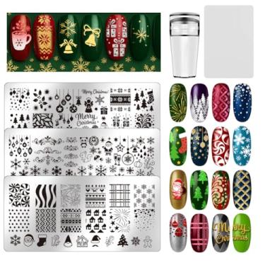 Imagem de UNICRAFTALE Conjunto de 3 peças de pratos de carimbos de unhas de Natal, flocos de neve, placa de estampagem de unhas, árvore de Natal, Papai Noel, estênceis de unhas, sino de Natal, modelo de