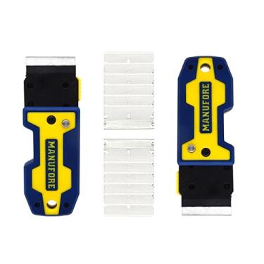 Imagem de MANUFORE Raspador de limpeza dobrável amarelo portátil multiuso para limpeza de vidro, fogão, janela, chão (2 raspadores, 10 lâminas de aço inoxidável)