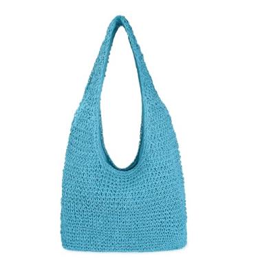 Imagem de Bolsa feminina grande de palha para praia feita à mão, bolsa Hobo, bolsa de mão para o verão, Azul, One Size