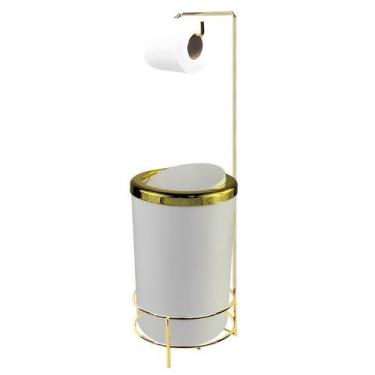 Imagem de Kit Suporte Porta Papel Higiênico Com Lixeira 8L Tampa Basculante De C