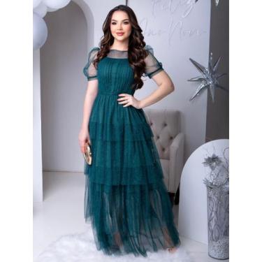 Imagem de Vestido de Festa Longo Rodado Soltinho com Brilho de Tule Transparente