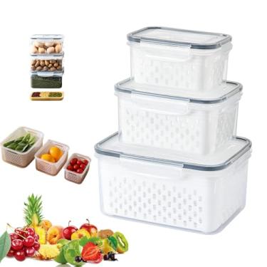 Imagem de Conjunto de 3 Potes Herméticos Organizadores de Geladeira Armazenamento de Alimentos 850/1750/3300ml Com Cesto de Drenagem (Cinzento)