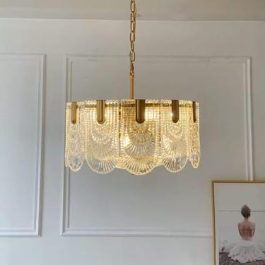 Imagem de Lustres De Cristal Pós-modernos Luminária Pendente De Latão Antigo 2 Camadas Lustre Scalloped 9 Lâmpadas Iluminação Pendente De Vidro Texturizado Transparente Para Sala De, Gold, 12 Light