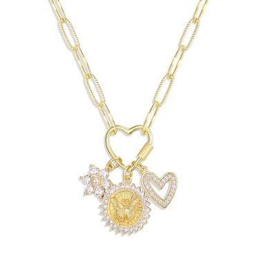 Imagem de FANZE Colar de ouro grosso para mulheres, coração, amor, lua, sol, letra, borboleta, moeda, pingente, colares delicados, gargantilha hip hop, corrente de clipe de papel, joia de formatura para dia dos