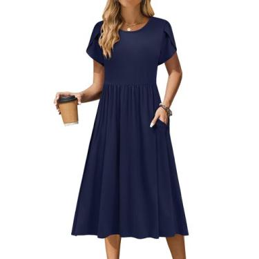Imagem de Vestido de verão Zeagoo feminino com bolsos Aline Flowy azul marinho