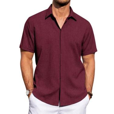 Imagem de Camisa masculina J.VER, de linho, manga curta, casual, bordô, algodão