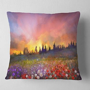 Imagem de Designart Field of Poppy dente-de-leão e margarida manta floral sala de estar, sofá, enchimento de almofada de alta qualidade + capa de almofada impressa em ambos os lados 45,72 x 45,72 cm