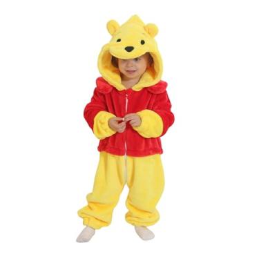 Imagem de QSTYLE Macacão unissex de flanela para bebês, macacão de animal para crianças, com capuz e desenho animado amarelo