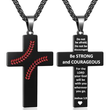 Imagem de Colar masculino com cruz de beisebol, versículo bíblico, pingente, presente para aniversário, Natal, batismo, cristão, religioso, acessórios de beisebol, presentes, Small, Aço inoxidável, Sem Pedra