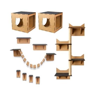 Imagem de Mondo Box Kit Playground Gato 10 peças Nichos Arranhador Ponte Degraus Escalada em Pé Carpete Antiderrapante Brinquedo Para Gatos de Parede Escalador Poleiro - Diversão e Descanso Pet