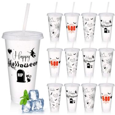 Imagem de Tiangrid 12 peças de copos de Halloween com tampas e canudos 680 g copo de plástico de Halloween copos reutilizáveis a granel garrafa de água para adultos bebida fria café gelado lembrancinhas
