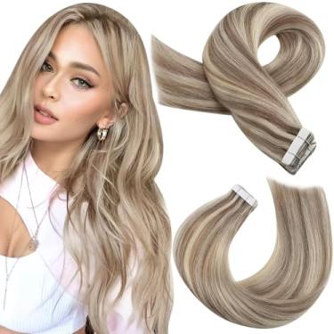 Imagem de Moresoo Extensões de cabelo humano fita adesiva para extensões de cabelo destacadas de 50 cm fita marrom claro destacada com cola loira em extensões, cola invisível em extensões de cabelo real #P9A/60