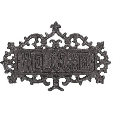 Imagem de Sungmor Placa de boas-vindas de ferro fundido – Placa decorativa de parede estilo vintage – Design de pergaminho ornamentado para varanda, entrada, jardim ou cerca – Placa para pendurar na parede ao