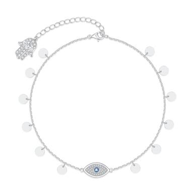 Imagem de Tornozeleira feminina S925 de prata esterlina olho turco com pingente de bolinhas Hamsa, corrente de proteção para olhos azuis turcos, não mancha, joia de verão, praia, pé, presente para mãe