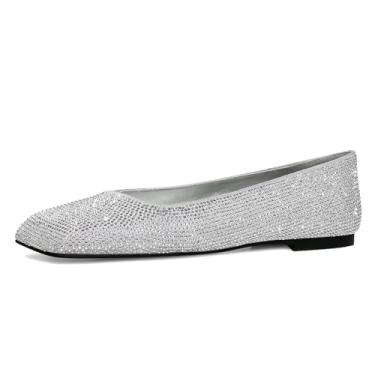 Imagem de RONILURN Sapatilhas femininas strass bico quadrado glitter brilhante confortável vestido noiva sapatos de casamento feminino, Prata, 35
