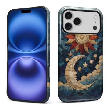 Imagem de Kapadiy Capa para iPhone 17 Pro Max, design de vitral falso sol lua estrelas design híbrido dupla proteção de silicone rígido PC à prova de choque capa protetora fina antiarranhões para homens e