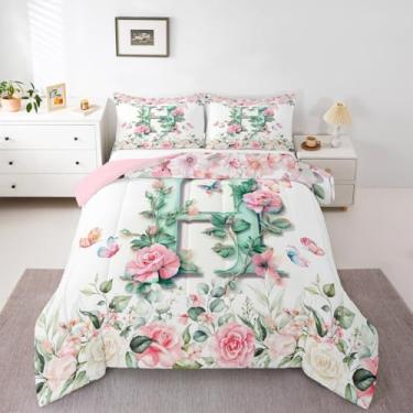 Imagem de Erosebridal Conjunto de edredom personalizado com letra verde em aquarela com letra H, tamanho solteiro, para crianças, meninos, meninas, rosa, flores românticas, borboletas, colcha floral